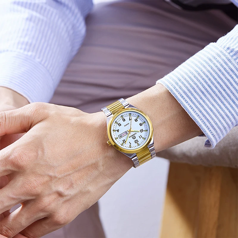 고급 스테인리스 스틸 쿼츠 시계 남녀공용 야광 방수 주간 날짜 기능 패션 드레스 손목시계 선물