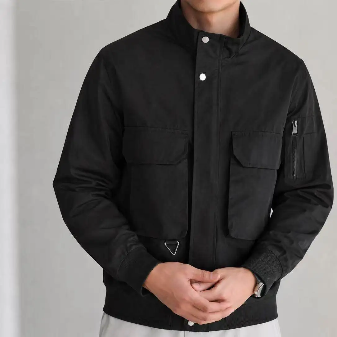 Brand Windproof Jacket Men's Zipper Stand Up Collar Large Pocket Bomber Jackets Solid Color Casual Business Social Coat Outwear