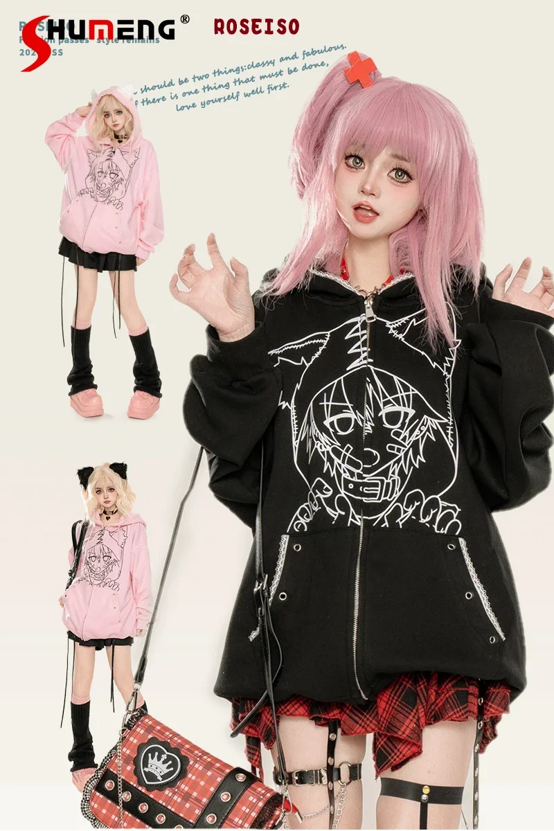 Japanese Subculture Punk Style Sweet Cool Y2k Tops Kawaii Printed Cat Ears Zip Up Hooded Loose Casual Sweatshirts Women Autumn