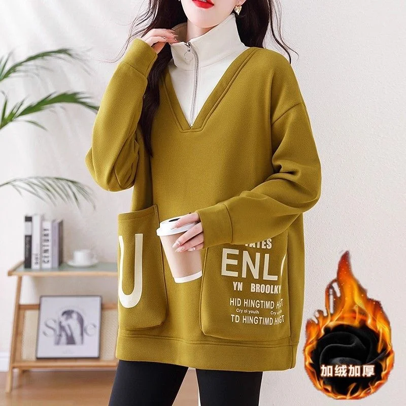 

Winter 2025 New Plus-Size Sweater Women Velvet Thickening Fake Two-Piece Stand-Up Collar Zipper Pullover Tops Pocket Sweaters