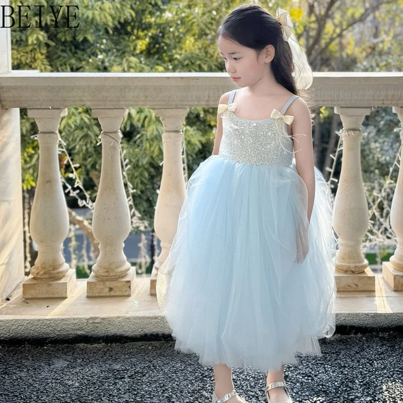 Light Luxury Princess Long Dress Children Original Design Summer Suspender Dress Little Girls Mesh Temperament Daily Dress