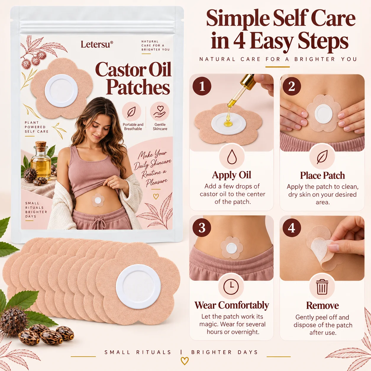 30PCS Castor Oil Patches for Belly, Flower Shape Body Care Pads, Breathable Comfortable Skin Patches for Daily Skincare