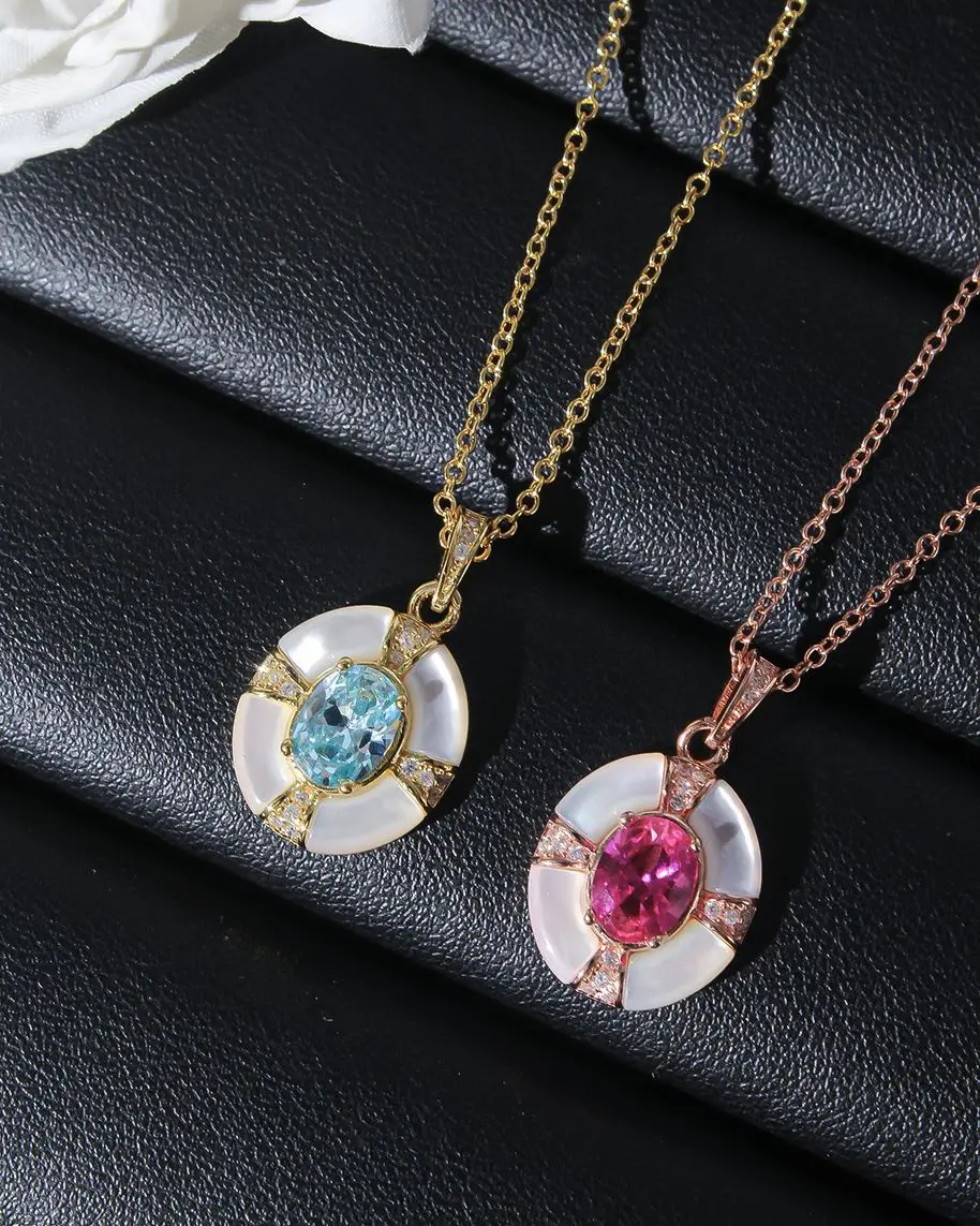 

9k Gold Semi-precious Stone Pink Paraiba Tourmaline Blue Topaz Gemstone Oval Pendant Chain Necklace Fine Jewelry For Women Girl