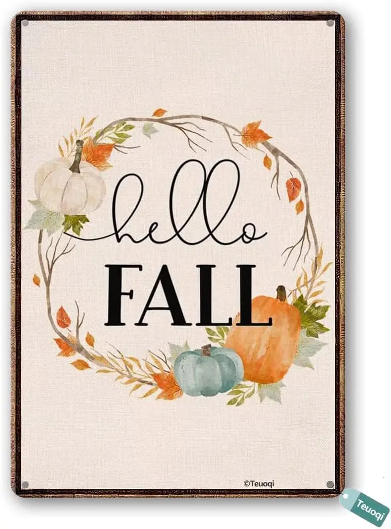 Fall Pumpkin Hello Fall Wreath Autumn Home Decor Poster Wall Art Tin Sign Decor Metal Sign -aluminum