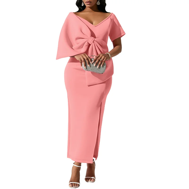 African Women Long Dresses 2023 Summer Sexy Big Bow Elegant V-neck Party Wedding Polyester White Pink Purple Robes Maxi Dress