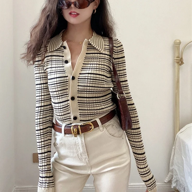 

Vintage Women's Long-sleeved Sweater POLO Collar Knitted Contrasting Striped Knitted Cardigan