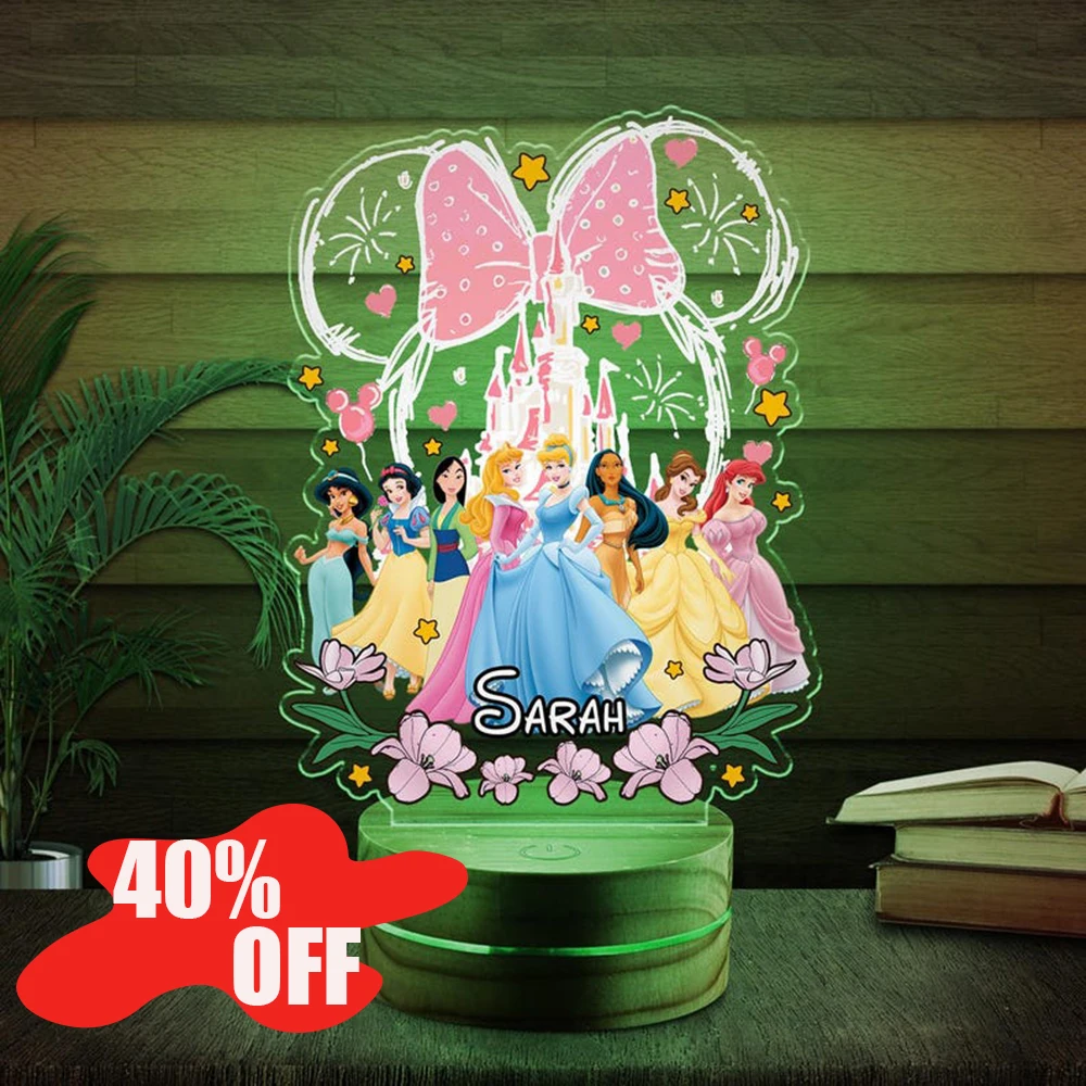 

Disney Princess LED Night Light for Children Room Rechargeable Remote Control Dimmable Color Changing Custom Name Birthday Gift