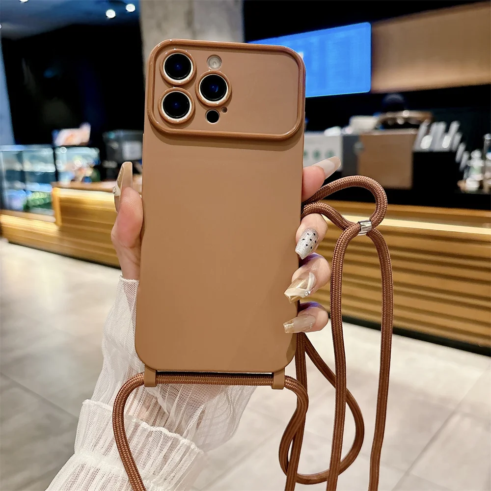 Crossbody الحبل قلادة الحبل لينة غطاء من السيليكون آيفون 16 15 14 13 برو ماكس 12 قابل للتعديل حبل نايلون ماتي غطاء ل 16Pro
