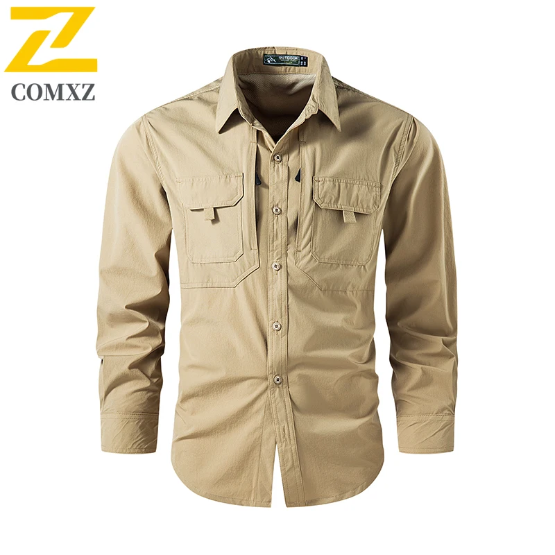 

COMXZ Hiking Work Shirt Men High Quality Long Sleeve Zipper Pocket Cotton Cargo Shirts 2026 New Autumn Casual Lapel Cardigan Top
