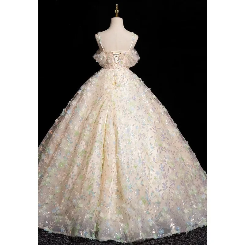 Vestido de noche champán ligero de lujo para mujer, apliques de flores con hombros descubiertos, largo hasta el suelo, corte en A, vestido de graduación, Vestidos para quinceañeras