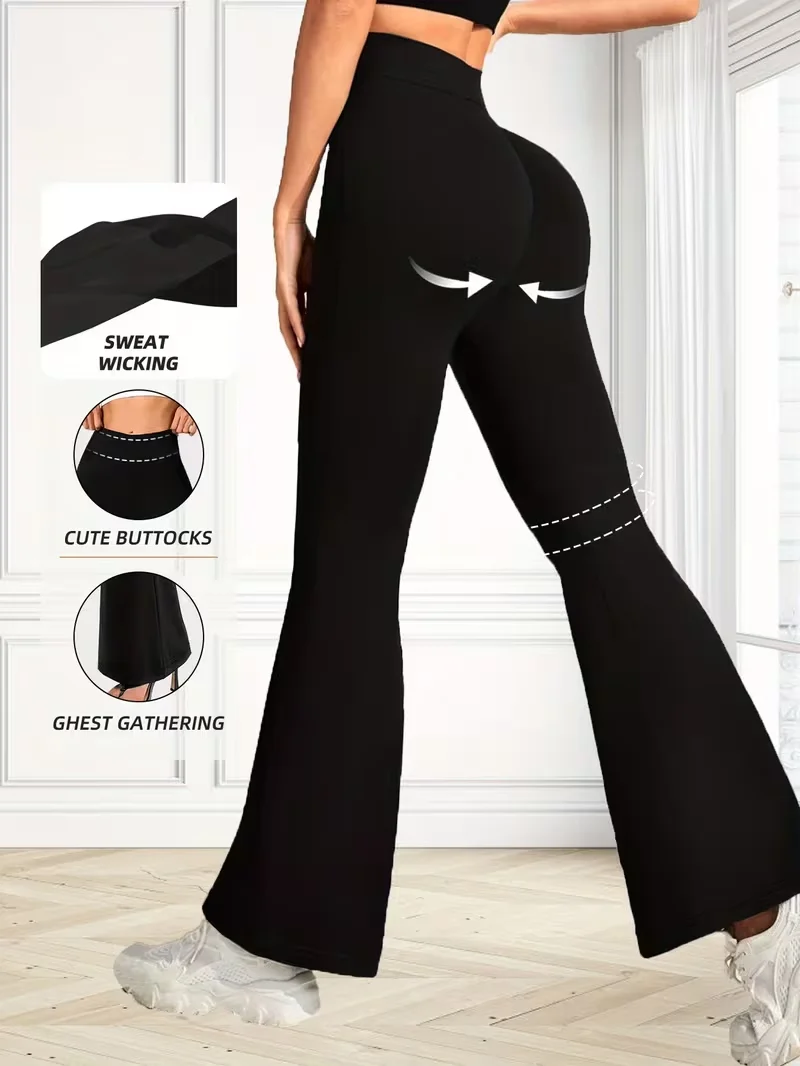 Pantalones de yoga de pierna ancha y cintura alta para mujer, estilo de pierna ancha elástico a media cintura, ropa de talla grande, pantalones y capris, ropa de mujer