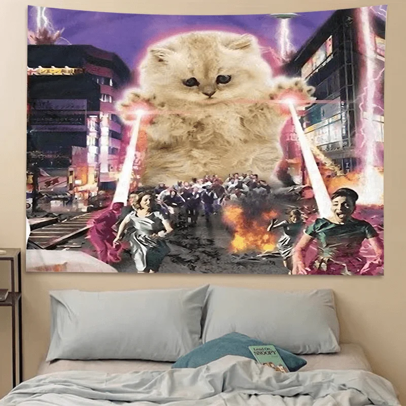 VIKAMA Parody Cartoon Cat Meme Design Printed Tapestry, Wall Hanging, Suitable For Living Room, Bedroom, Study, Party Home Decor