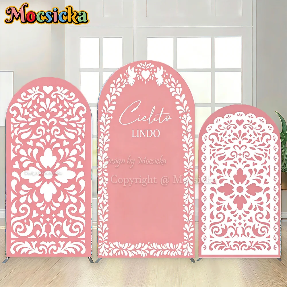 Mocsicka Pink Mexican Papel Picado Arch Cover Backdrop Floral Pattern Background Fiesta Baby Shower Birthday Party Studio Decor
