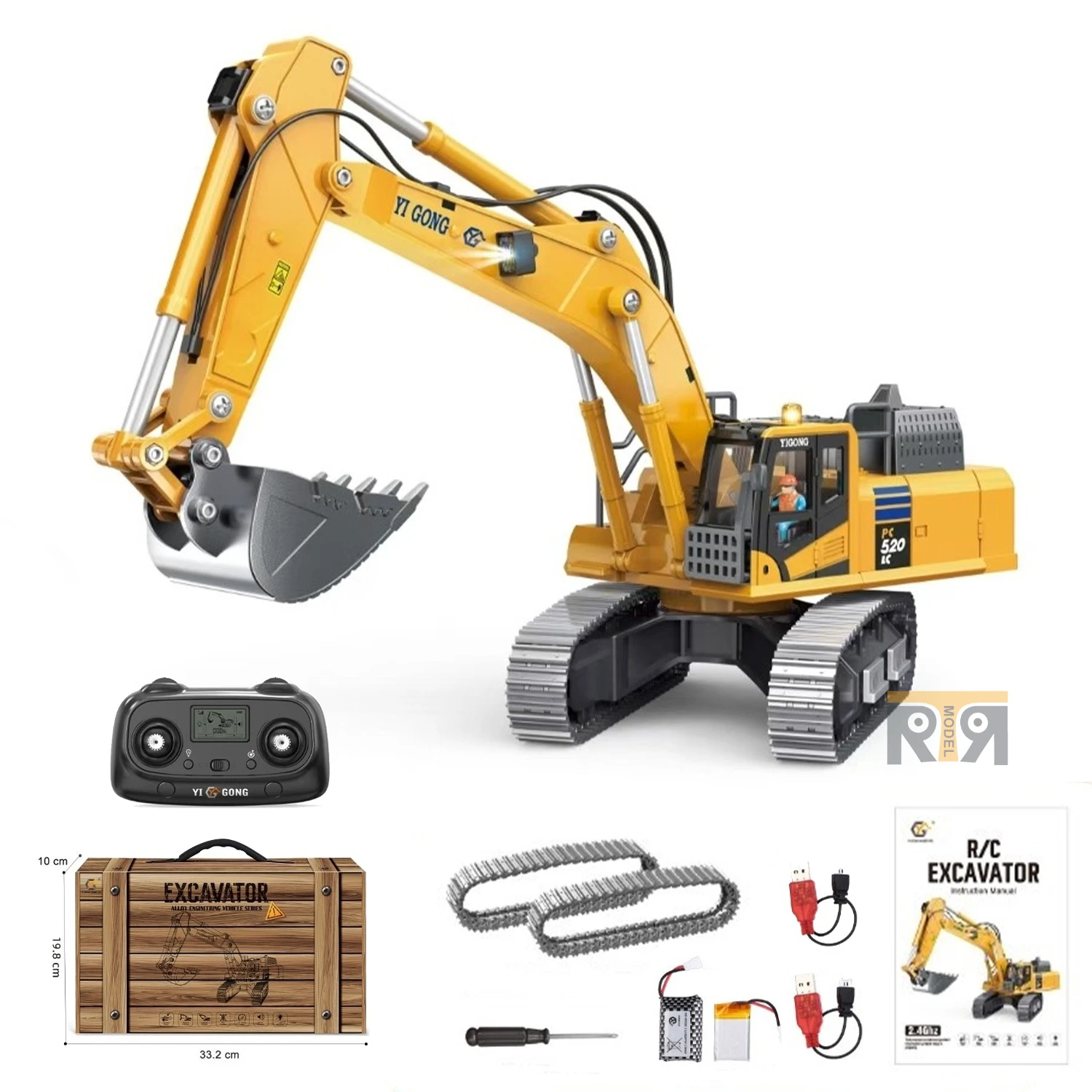 520 RC Mini Excavator 1/50 970 RC Excavator Electric Lift Simulation Model with Metal Tracks Light and Sound System RC Car Toy