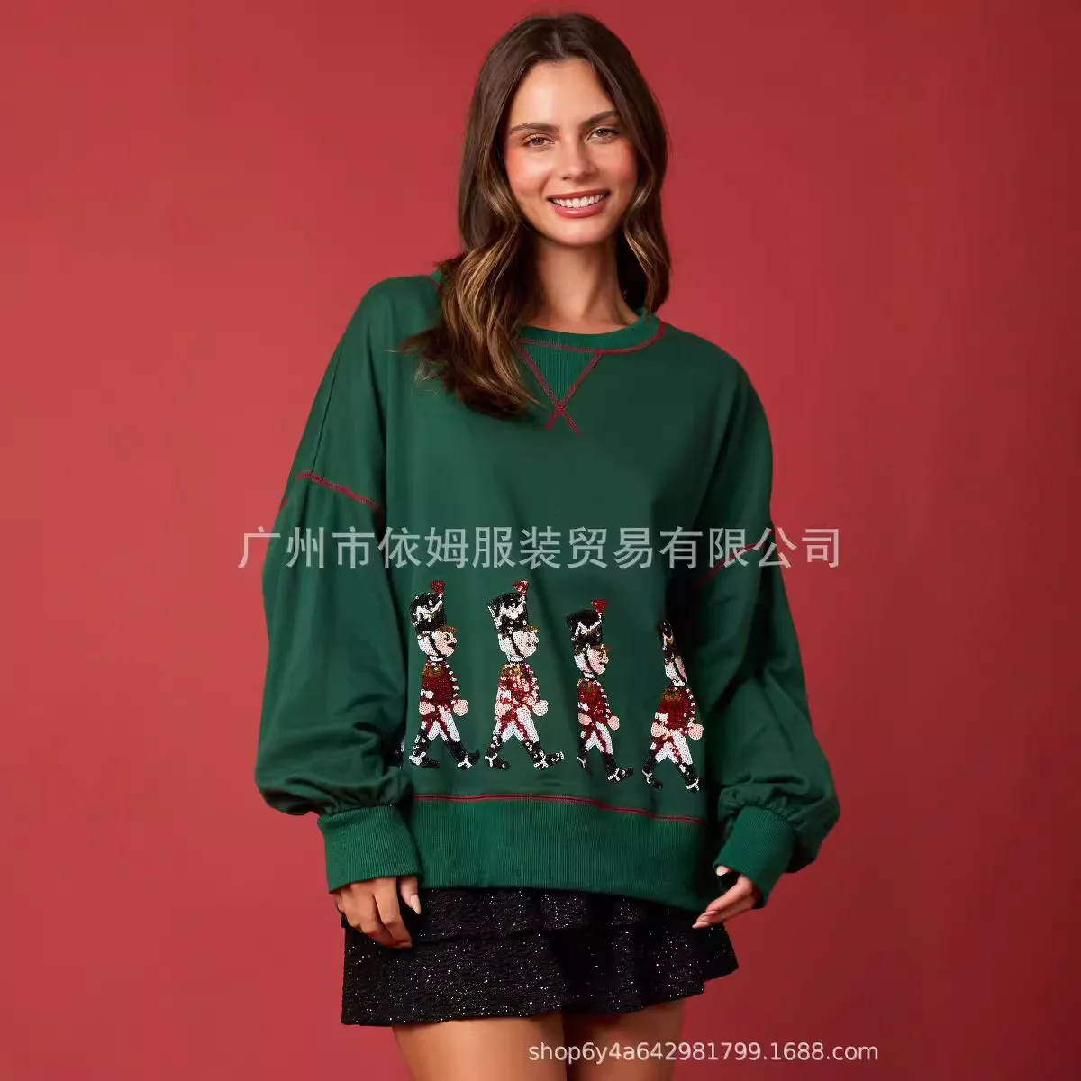 Women's Christmas Soldier Sequined Hoodie Women's Long Sleeved Casual Pullover Top Women