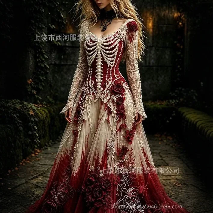 Women's Gothic Skull & Rose Maxi Dress – detail image 2