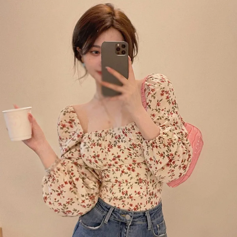 Women Blouses Slim Floral Print Lantern Sleeve Elegant Chiffon Shirts Female Sweet Square Neck Leisure Shirt Blouses Clothes