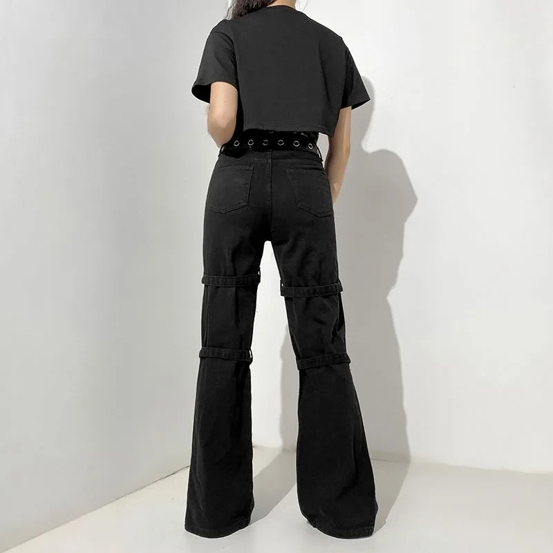 Y2K Metal Button High Waisted Straight Leg Jeans Drop Crotch Print Streetwear Pants Hip Hop Cargo Denim Trousers for Women