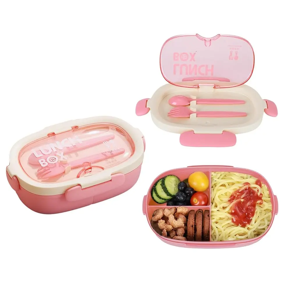 

Детский ланч-бокс Bento Box с ложкой и вилкой - 28 унций, контейнеры для сэндвичей с 3 отделениями, дорожные коробки для закусок, подходят для микроволновки/посудомоечной машины
