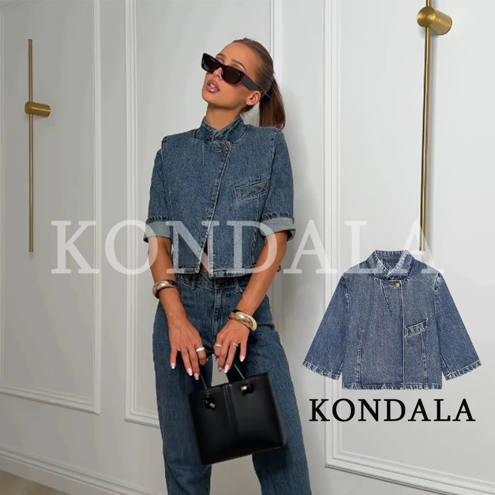 KONDALA Women Vintage Denim Blazer Jacket Street Style Chic Stand-Collar Blazer 2026 Summer Early Fall Trendy Half Sleeve Blazer