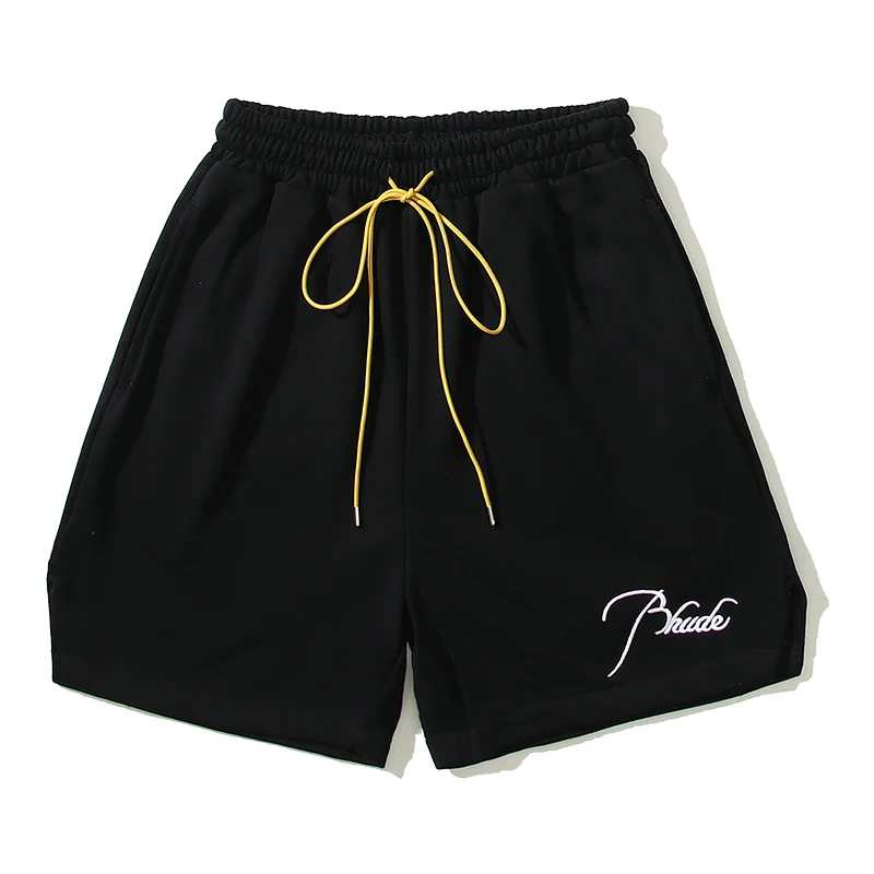 26SS Black High-Quality Embroidered Rhude Shorts New Summer Drawstring Stretch Waist Casual Shorts Stock