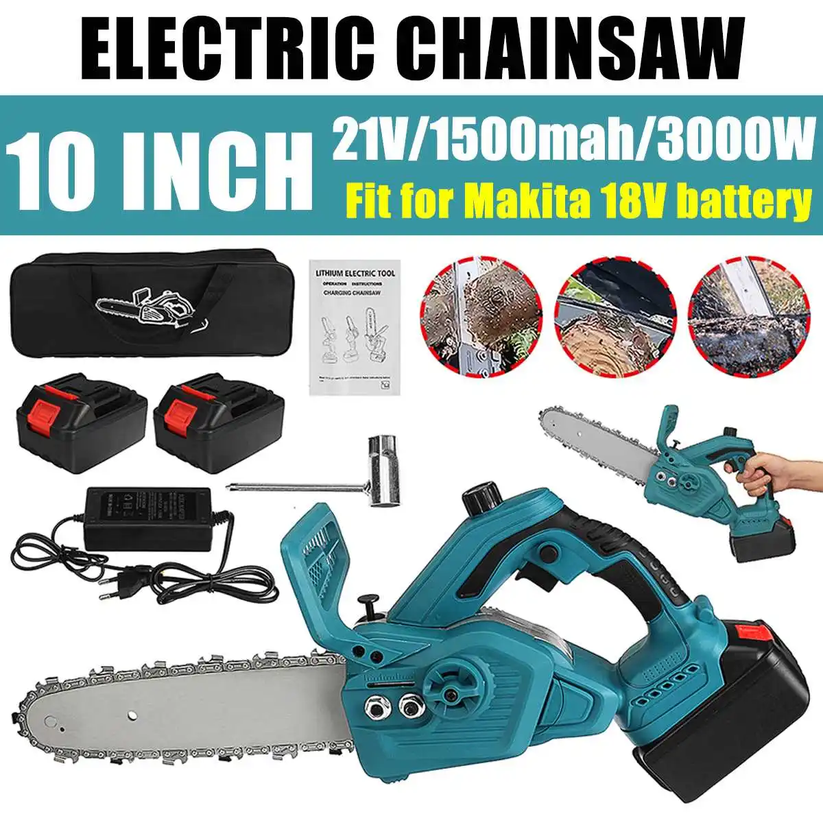 

10 inch 3000W Cordless Electric Saw Woodworking Logging Winter Garden Power Tool Tree Branches Chainsaw for Makita 18V Battery