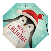 Christmas Travel Umbrella for Rain Sun,Cartoon Penguin Print Umbrella Windproof 8 Ribs Compact Folding Umbrella for Adult & Kids
