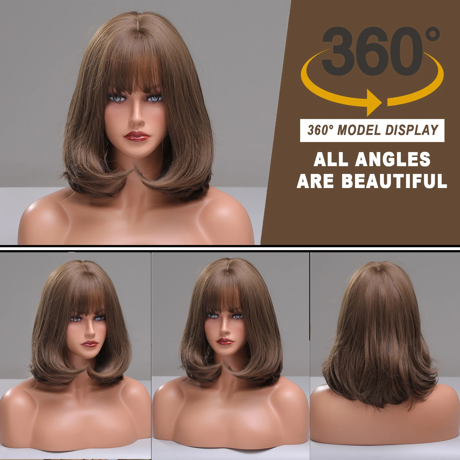 LOUIS FERRE Short Straight Brown Bob Wigs for Women Shoulder Length Synthetic Wigs With Bangs Daily Use Heat Resistant Hair Wigs