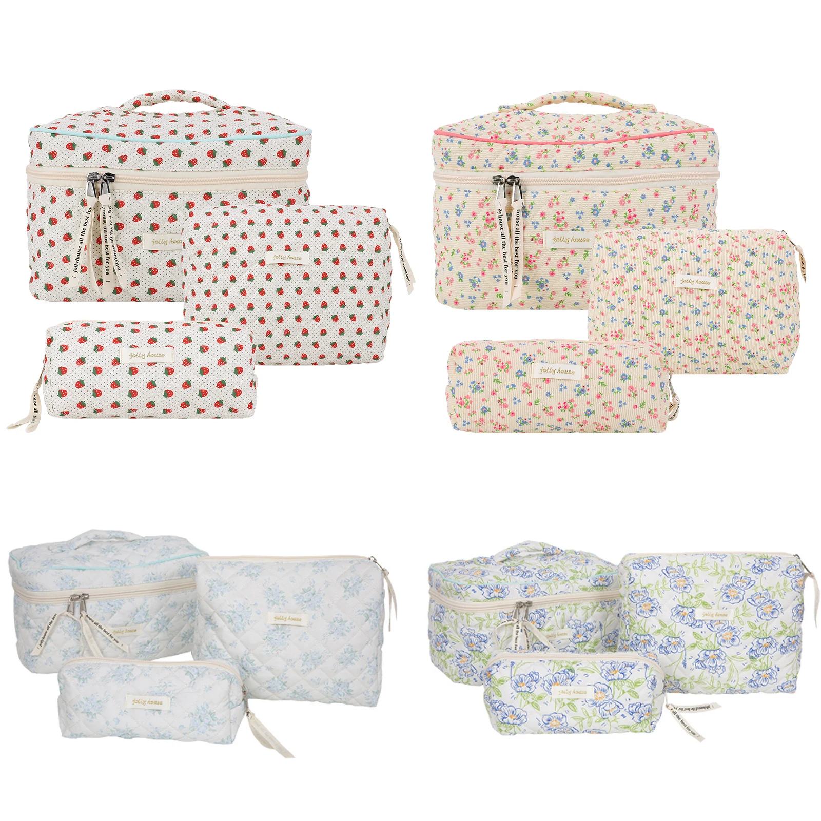 

3Pcs Cosmetic Bag with Zipper Quilted Travel Makeup Pouch Cute Cosmetic Organizer Case Large Capacity for Women and Girls