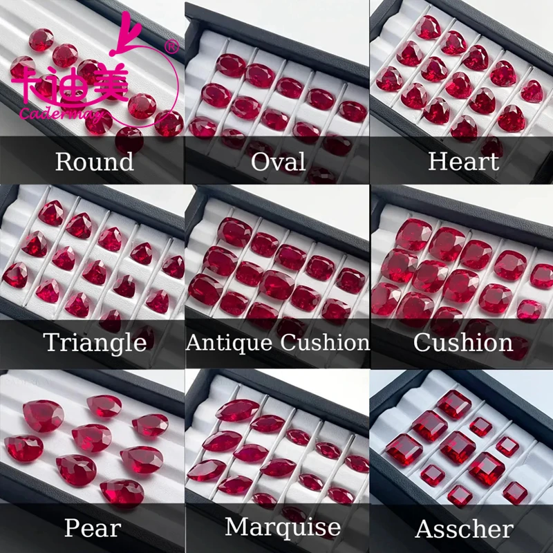 CADERMAY Trillion Cushion Round Heart Shape 5# Lab Grown Ruby Loose Stones With Inclusions For Customize Jewelry Making