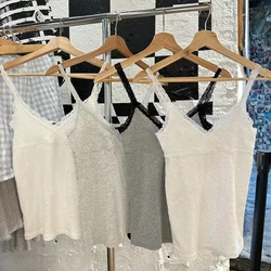 レースVネックの女性用ストラッダータンクトップ,単色,カジュアル,コットン,グレーのボトム,y2k harajuku,新しい夏のコレクション2024