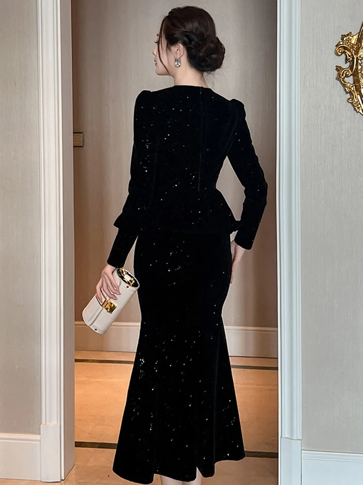 ملابس حريمي وهمية 2 قطعة أسود لامع س الرقبة سليم ذيل السمكة فستان طويل أنيق فاخر سيدة موضة حفلة موسيقية Vestidos رداء جديد