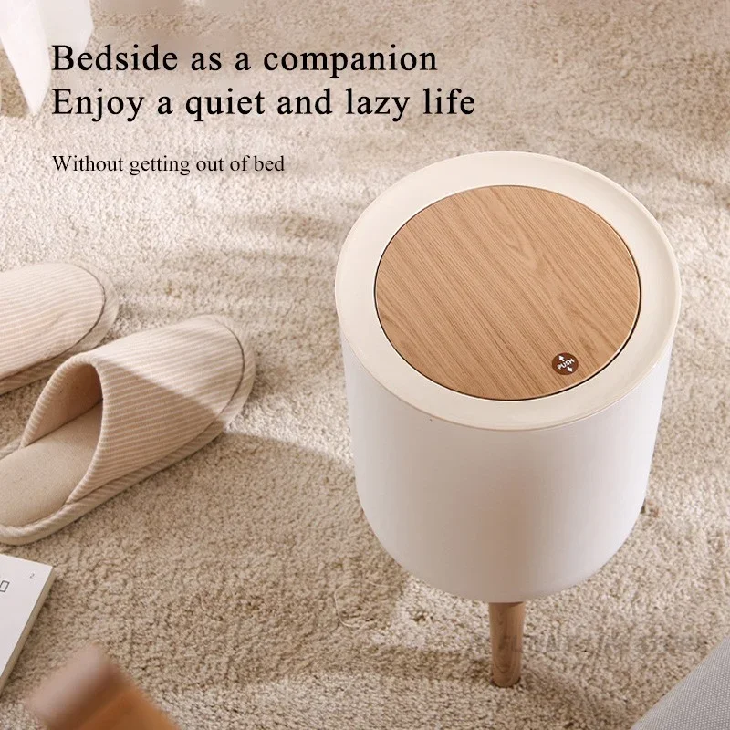 Wooden High Foot Trash Can Kitchen Bathroom Wastebin with Press Cover Toilet Garbage Container Dustbin Household Cleaning Tools