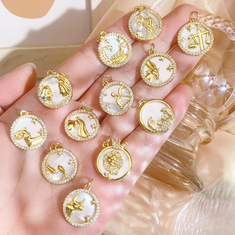 Juya Handmade 18K Real Gold Plated Pearl Shell Medals 12 Zodiac Charms For DIY Luxury Birthstone Pendant Gift Jewelry Making