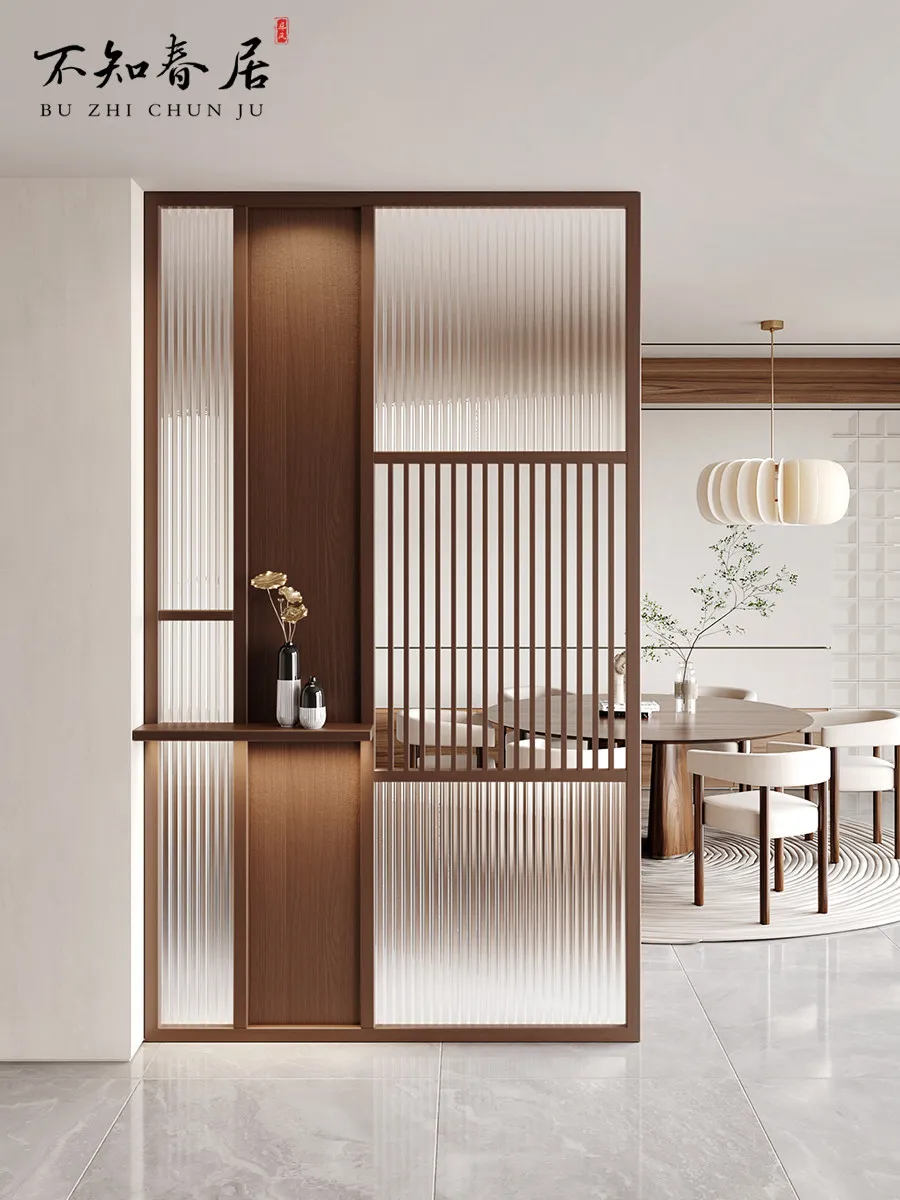 Glass screen partition, living room entrance is opposite the door, entrance, new Chinese solid wood through the hall, bathroom