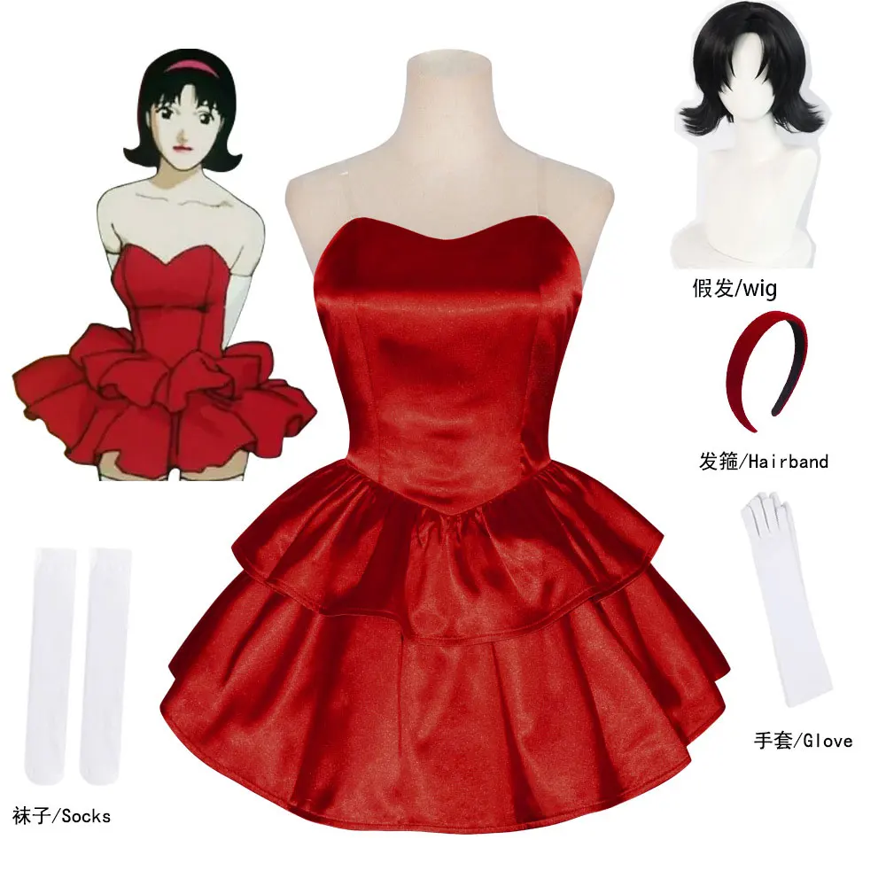 Anime Perfect Blue Mima Cosplay-Kostüm Rotes Trägerloses Tube-Kleid mit Stirnband für Frauen mit Overknee-Strümpfen und Handschuhen