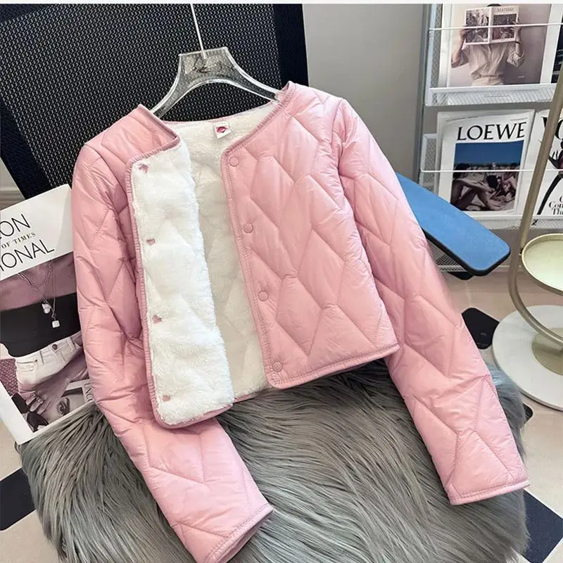 Pink Short Cotton Jacket Autumn Winter Women's Slim Fit Long Sleeved Coat Simple Solid Round Neck Warm Thickened Plush Top