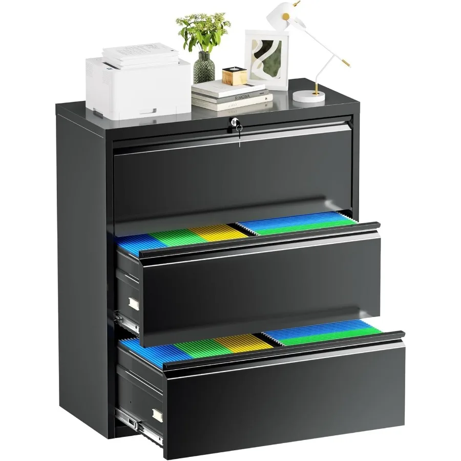 Drawer Lateral File Cabinet, 3 Drawer Lateral Filing Cabinet with Lock, Metal Wide Lateral File Storage Cabinet for Home, Offic