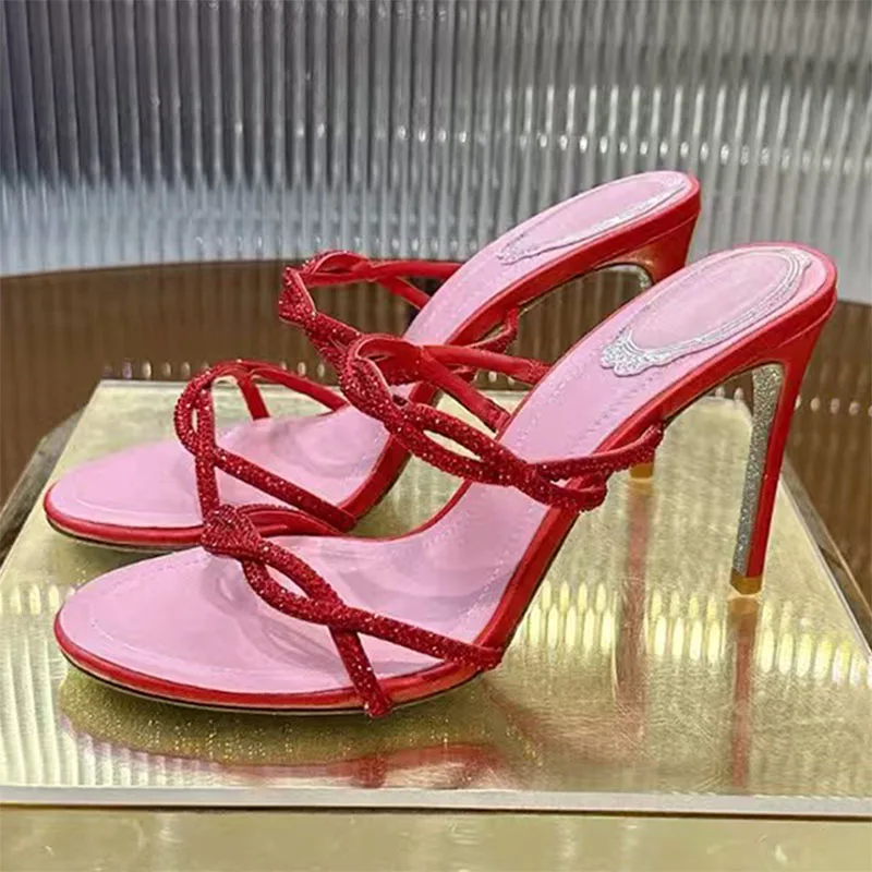 

Sexy High Heels Slippers Women Rhinestone Cross Strap Party Shoes Woman Summer Slides Thin Heels Crystal Sandals Woman
