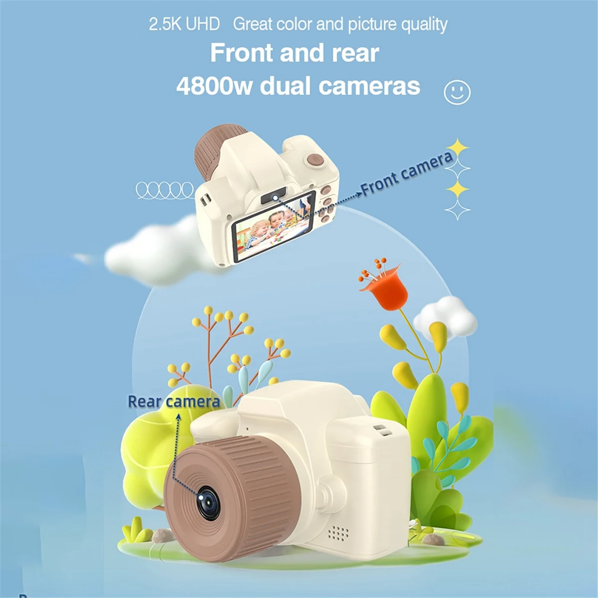 H10 Children Camera 2.4 Inches IPS Large Screen Long Lens Photo Video Game 1080P 48MP Dual Camera,Beige