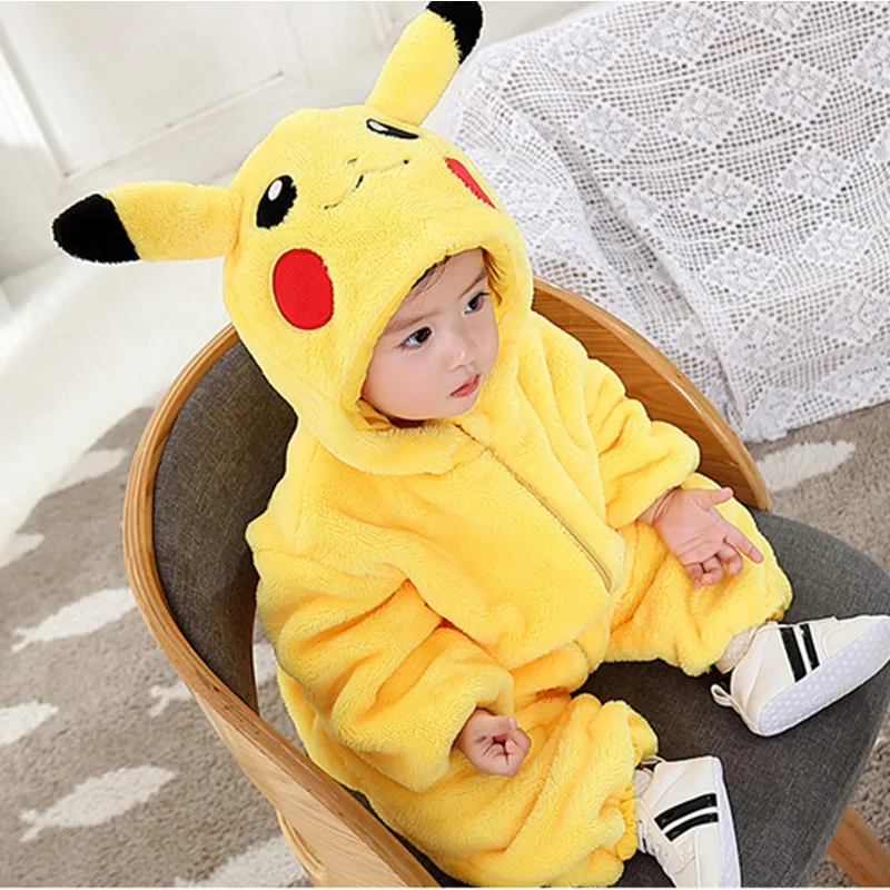 Cartoon Pikachu Shaped Baby Jumpsuit Spring And Autumn Thickened Baby Going Out One-Piece Pikachu Yellow Warm Clothes