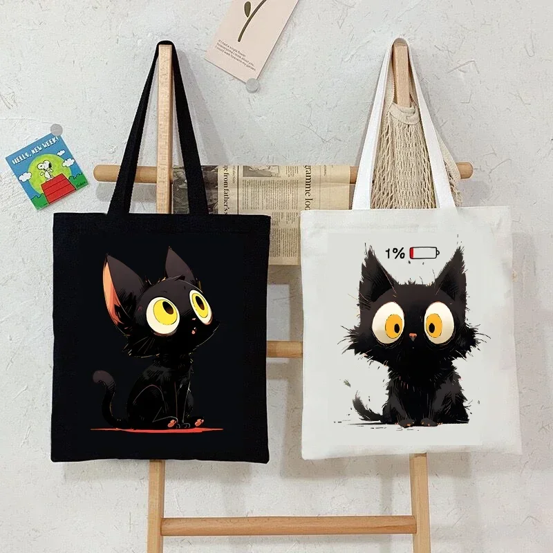 

Canvas Tote Bag Anime Black Cat Print Shopping Bag Women Graphic Casual Fashion Teen Handbag Cartoon Kitten Side Bag for Ladies