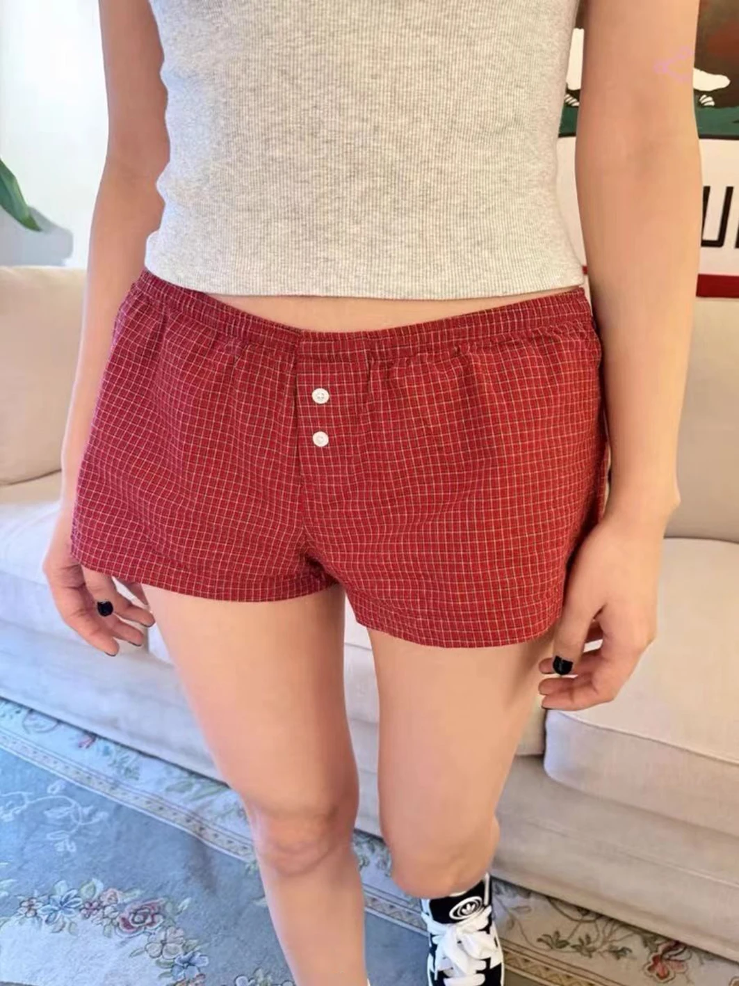 Red Plaid Straigth Shorts Women Summer Elastic Waist Buttons Casual Sweet Short Pant Cotton Y2k Pants Vintage Home Underwear