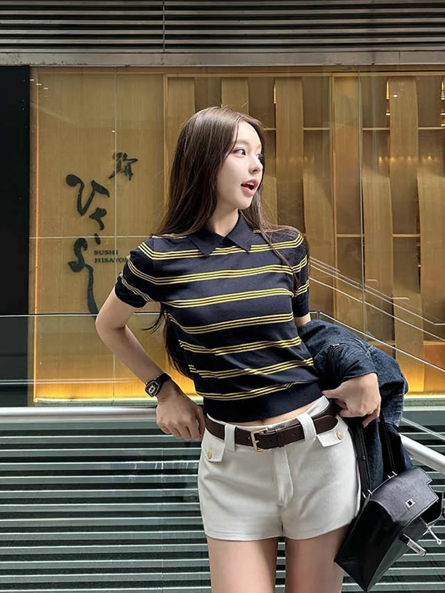 

Slim Fit Ne Knitwear ort Sve Women's T-irt Pure Desire Stripe Summer Leisure Sle Korean Version Commute Wind