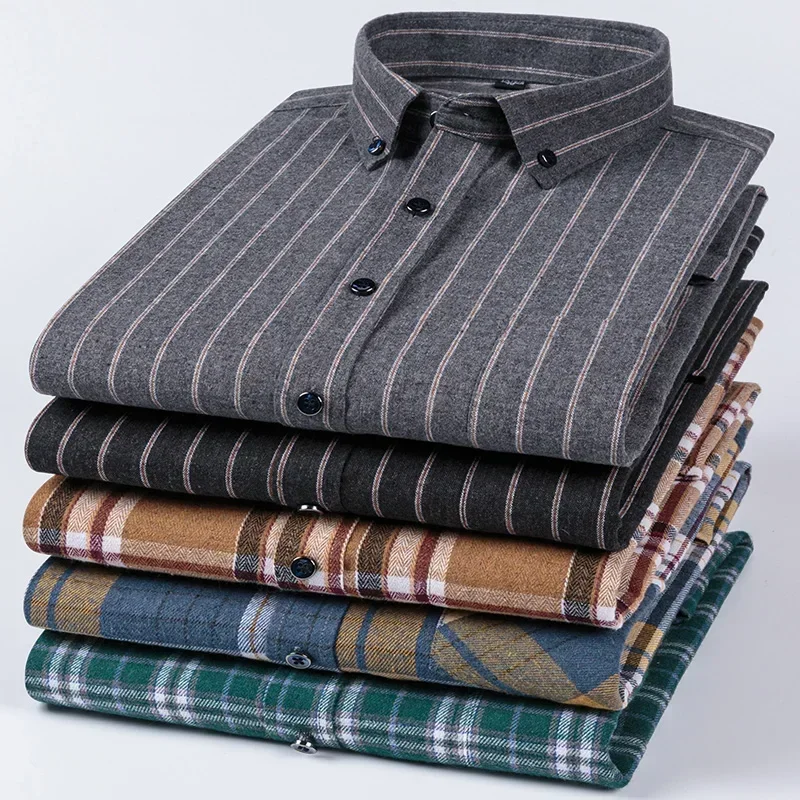 Plus Size 100%  Long-sleeve Shirts for Men Casual Slim Fit Formal Plain Shirts Plaid Striped Elegants Designer Clothes