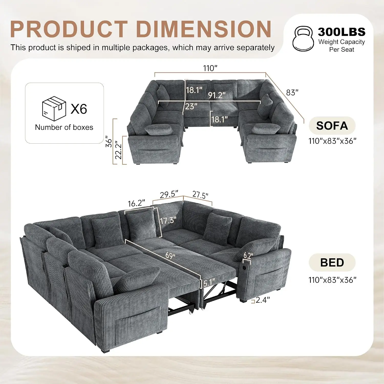 Sectional Sofa with Pull Out Couch Bed,8 Seat Corduroy Sleeper Sofa with 2 Seat Storage & USB Charging,Comfy, Customized