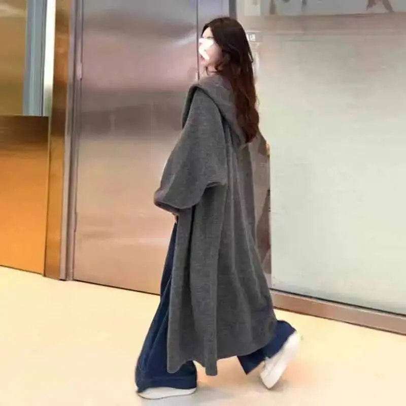 

Fashion Hooded Cardigan For Women Streetwear Temperament Loose Long Sleeve Maxi Sweater Coat Elegant Knitted Overcoat