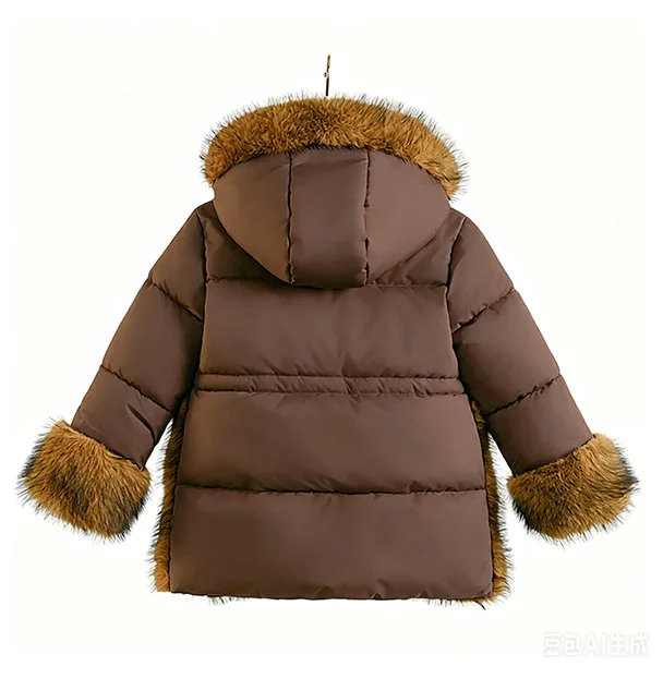 Little Girls Fashion Winter Fleece Lined Thick Puffer Jacket Spliced Faux Fur Hem & Cuffs Hooded Coat Windproof Warm Outerwear