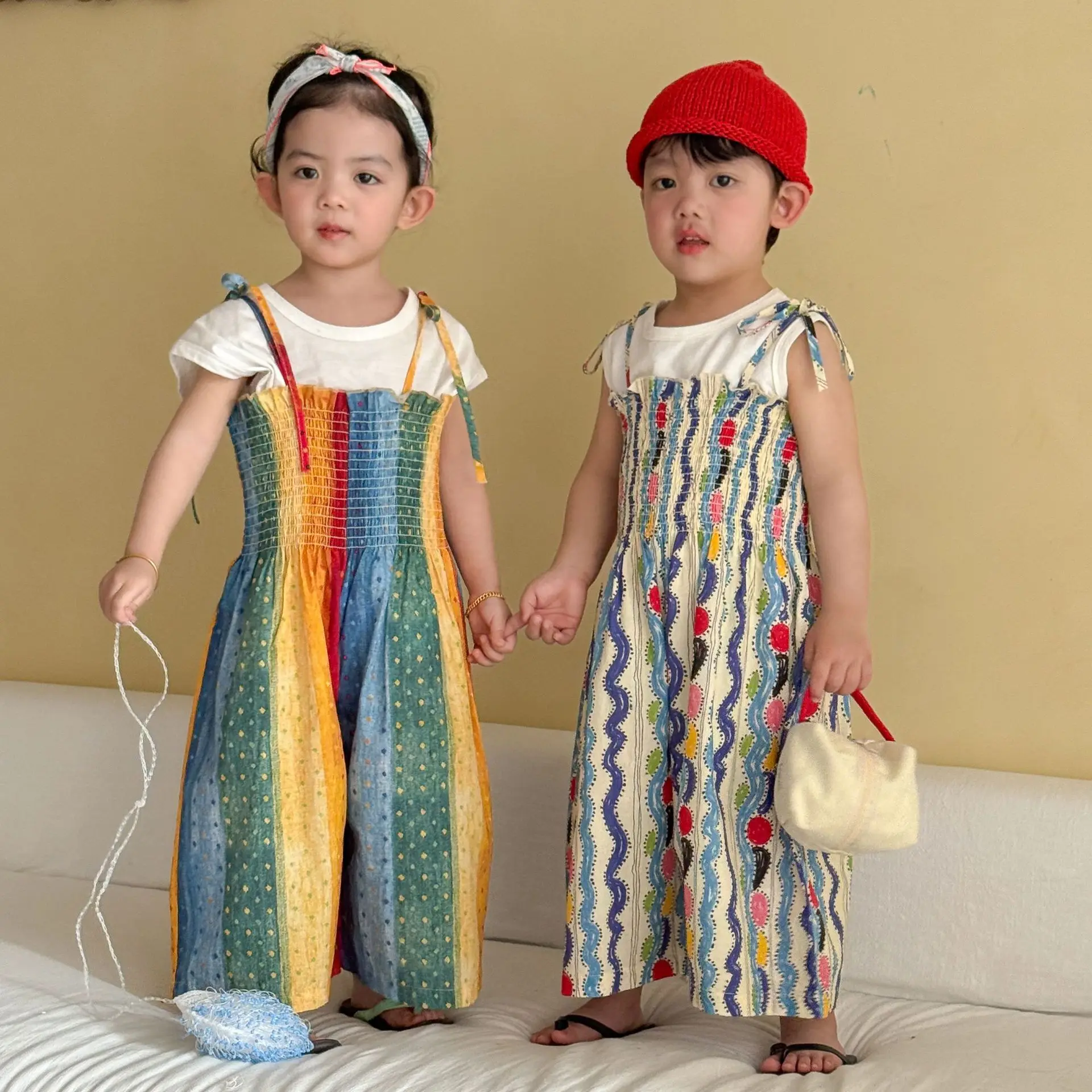 2026 Summer New Children Casual Striped Overalls Loose Girls Sling Trousers Kids Jumpsuit Cute Boys Strap Pants Baby Clothes