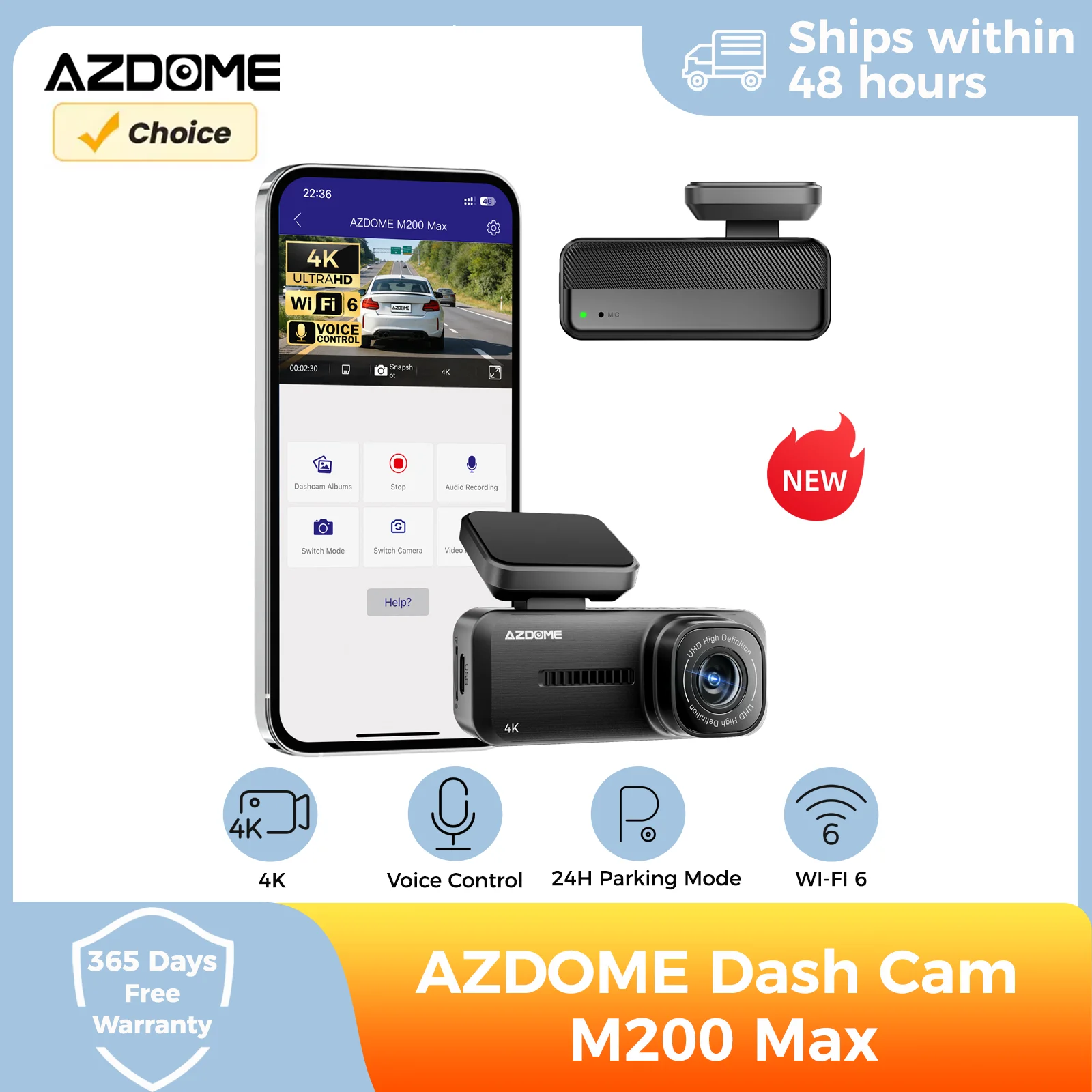 AZDOME Dash Cam 4K M200 Max Wi-Fi 6 Smart Voice Control 24H Parking Guard Night Vision Dash Camera for Car G-Sensor Car DVR
